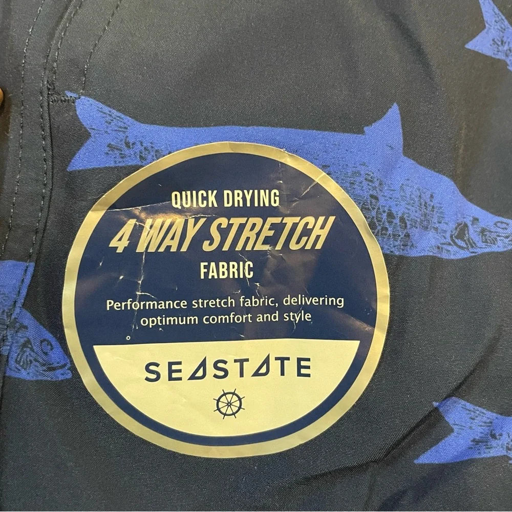 SeaState Mens Swim Trunks Navy Blue Fish Print 4-Way Stretch Mesh Lined‎ Size M